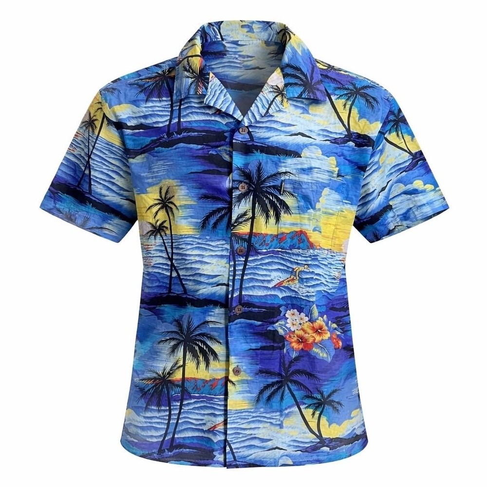 Palmwave Hawaiian Aloha Shirt XL Sunset Palm Trees Waves Surfer Blue Yellow